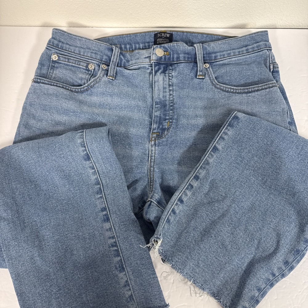 J Crew Essential Straight Jeans Womens 31 Blue Stretch Denim Raw Hem Light Wash